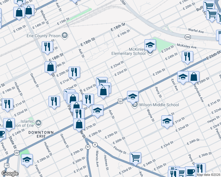 map of restaurants, bars, coffee shops, grocery stores, and more near 635 East 24th Street in Erie