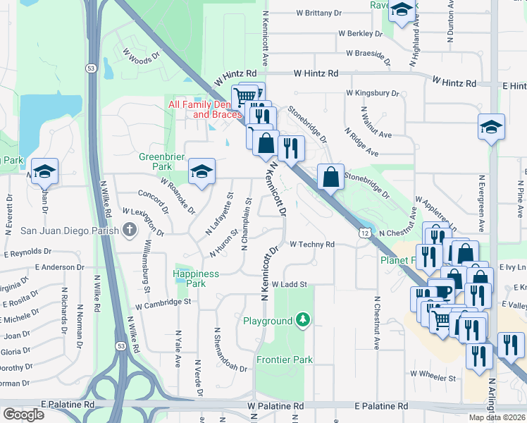 map of restaurants, bars, coffee shops, grocery stores, and more near 2410 North Kennicott Drive in Arlington Heights