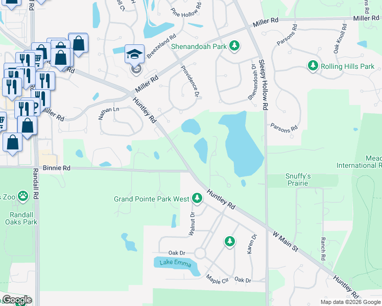 map of restaurants, bars, coffee shops, grocery stores, and more near 36W340 Huntley Road in Kane County