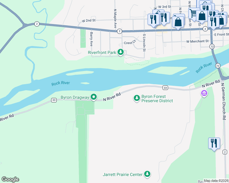 map of restaurants, bars, coffee shops, grocery stores, and more near 7424 North River Road in Byron