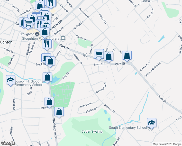 map of restaurants, bars, coffee shops, grocery stores, and more near 150 Sumner Street in Stoughton