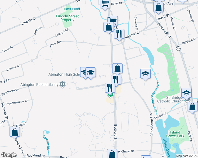 map of restaurants, bars, coffee shops, grocery stores, and more near 560 Bedford Street in Abington