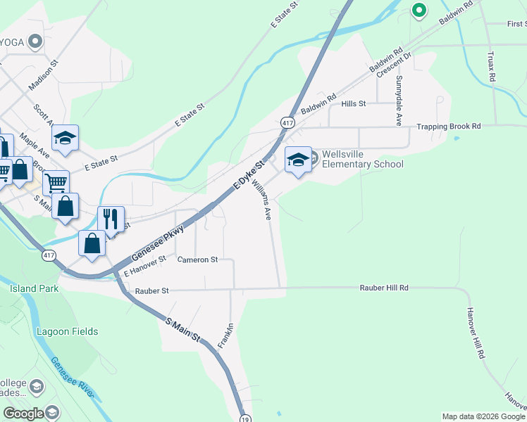 map of restaurants, bars, coffee shops, grocery stores, and more near 70 Williams Avenue in Wellsville