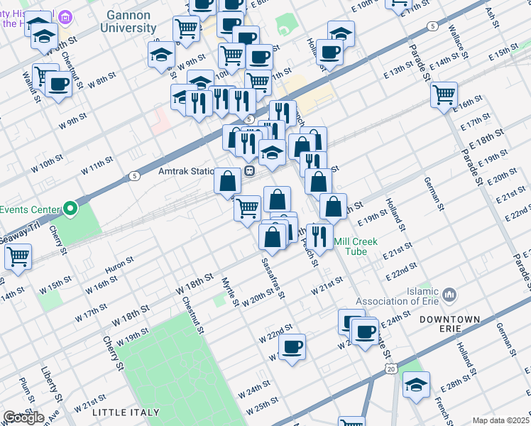 map of restaurants, bars, coffee shops, grocery stores, and more near 1630 Peach Street in Erie