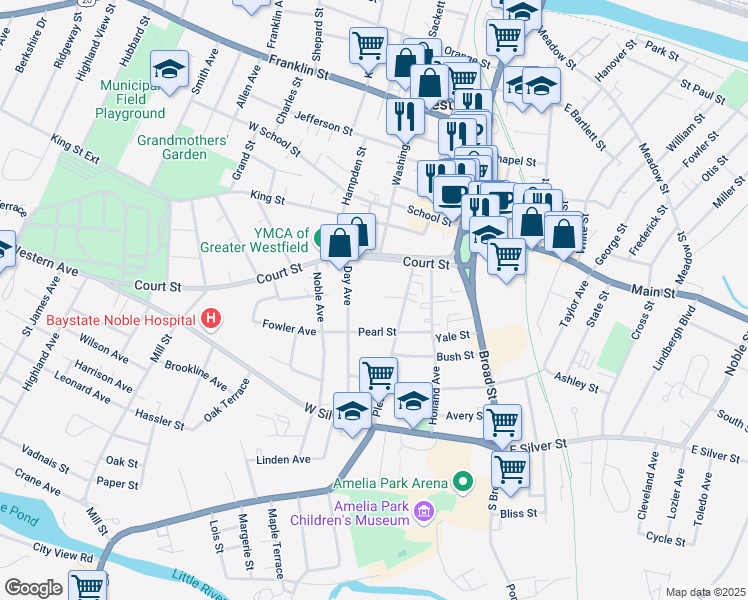 map of restaurants, bars, coffee shops, grocery stores, and more near 40 Court Street in Westfield