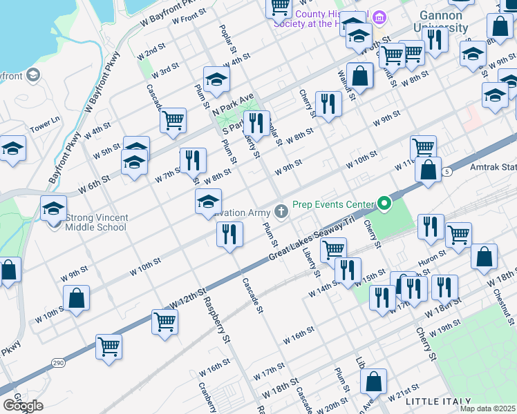 map of restaurants, bars, coffee shops, grocery stores, and more near 13 West 10th Street in Erie