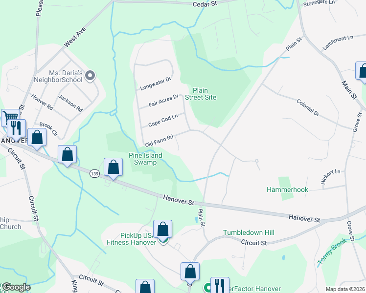 map of restaurants, bars, coffee shops, grocery stores, and more near 24 Estes Road in Hanover
