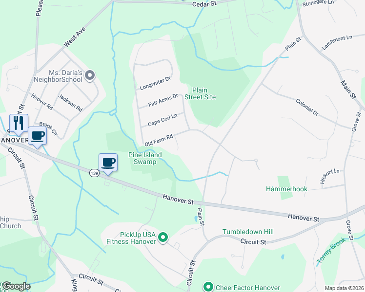 map of restaurants, bars, coffee shops, grocery stores, and more near 24 Estes Road in Hanover