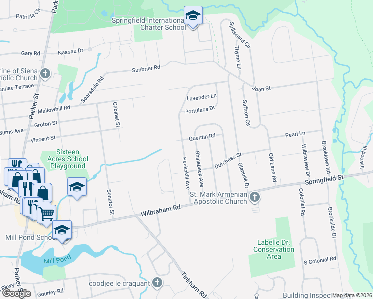 map of restaurants, bars, coffee shops, grocery stores, and more near 105 Peekskill Avenue in Springfield