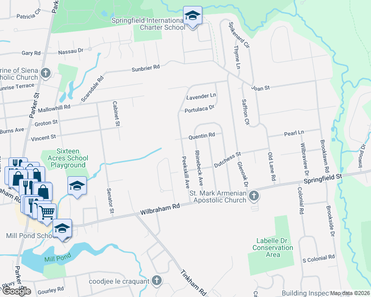 map of restaurants, bars, coffee shops, grocery stores, and more near 105 Peekskill Avenue in Springfield