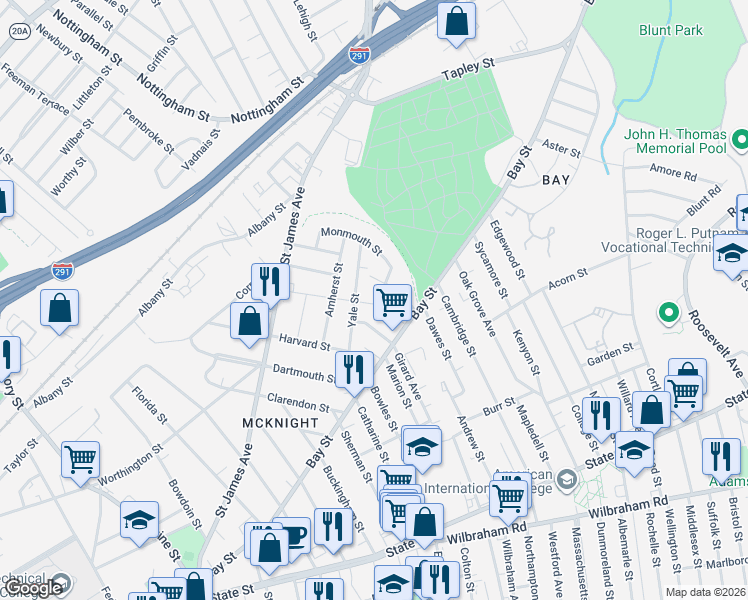 map of restaurants, bars, coffee shops, grocery stores, and more near 50 Princeton Street in Springfield