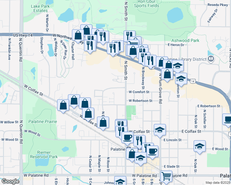 map of restaurants, bars, coffee shops, grocery stores, and more near 429 North Carter Street in Palatine