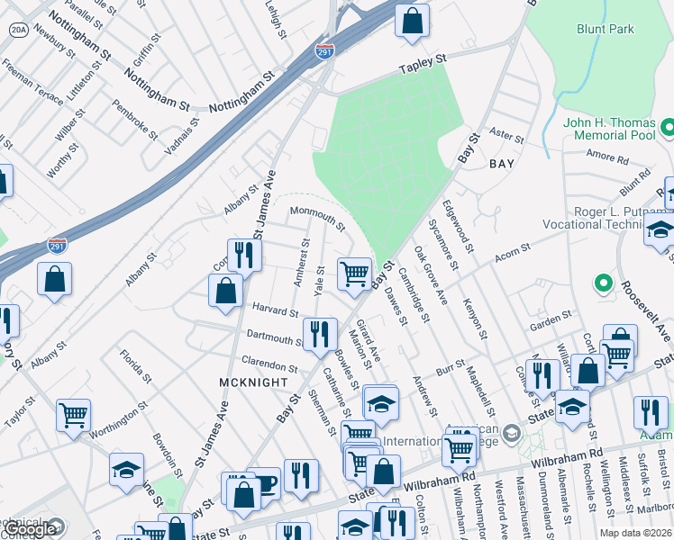 map of restaurants, bars, coffee shops, grocery stores, and more near 50 Princeton Street in Springfield