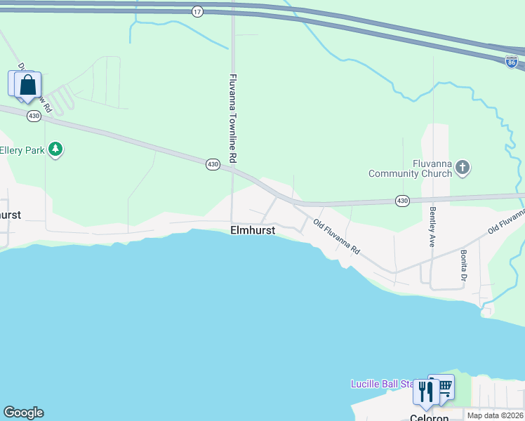 map of restaurants, bars, coffee shops, grocery stores, and more near 2806 Elmhurst Avenue in Jamestown