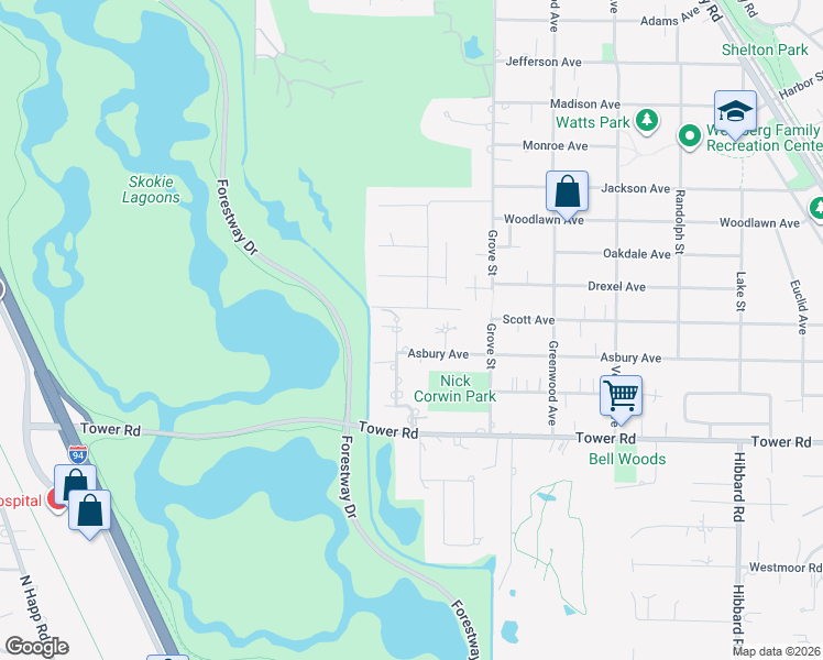 map of restaurants, bars, coffee shops, grocery stores, and more near 1581 Asbury Avenue in Winnetka
