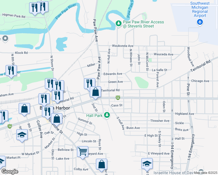 map of restaurants, bars, coffee shops, grocery stores, and more near 267 North Hull Avenue in Benton Harbor
