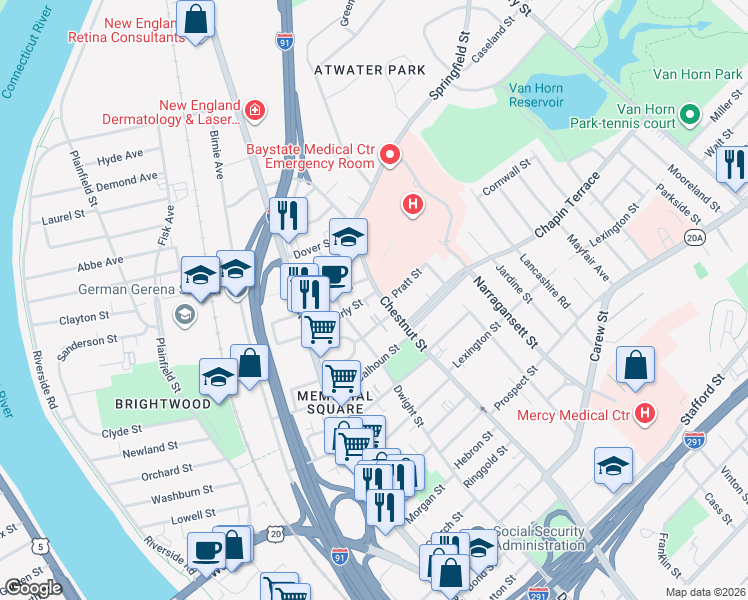 map of restaurants, bars, coffee shops, grocery stores, and more near 672 Chestnut Street in Springfield