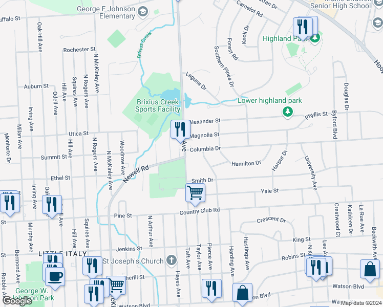 map of restaurants, bars, coffee shops, grocery stores, and more near 2602 Columbia Drive in Endicott