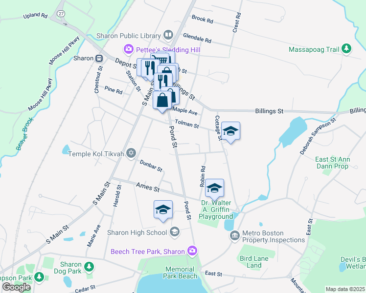 map of restaurants, bars, coffee shops, grocery stores, and more near 10 Woodland Street in Sharon