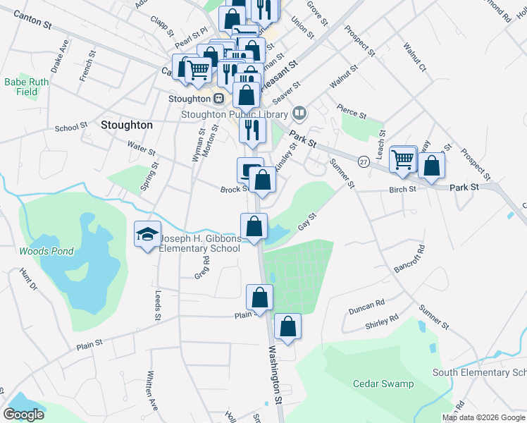 map of restaurants, bars, coffee shops, grocery stores, and more near 989 Washington Street in Stoughton