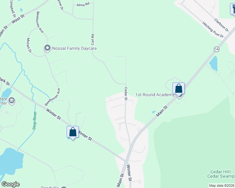 map of restaurants, bars, coffee shops, grocery stores, and more near 90 Cedar Street in Walpole