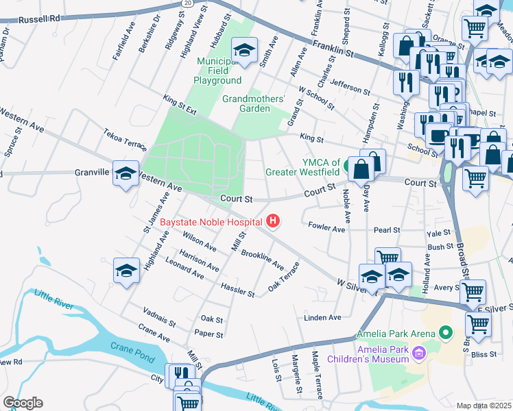 map of restaurants, bars, coffee shops, grocery stores, and more near 4 Mill Street in Westfield