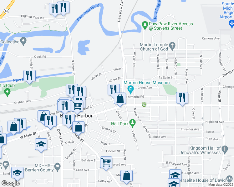 map of restaurants, bars, coffee shops, grocery stores, and more near 200 Paw Paw Avenue in Benton Harbor
