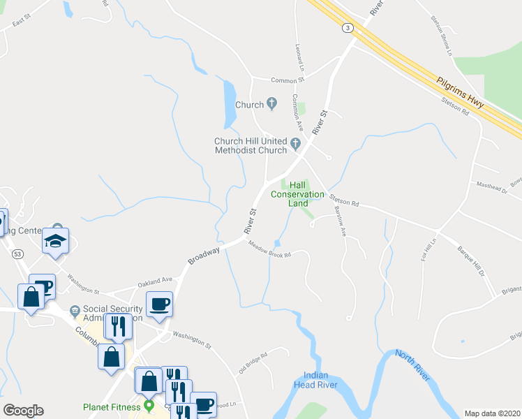 map of restaurants, bars, coffee shops, grocery stores, and more near 677 River Street in Norwell