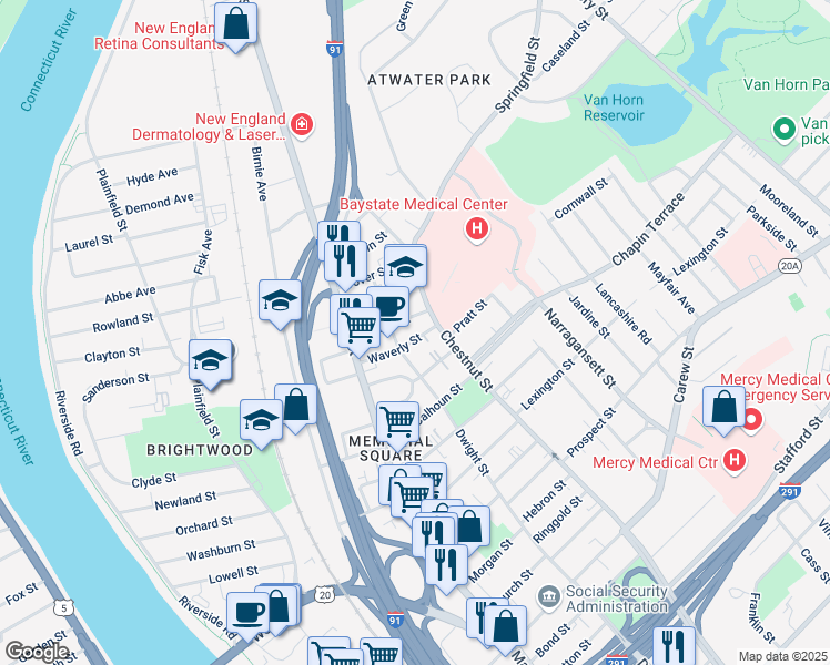 map of restaurants, bars, coffee shops, grocery stores, and more near 440 Waverly Street in Springfield