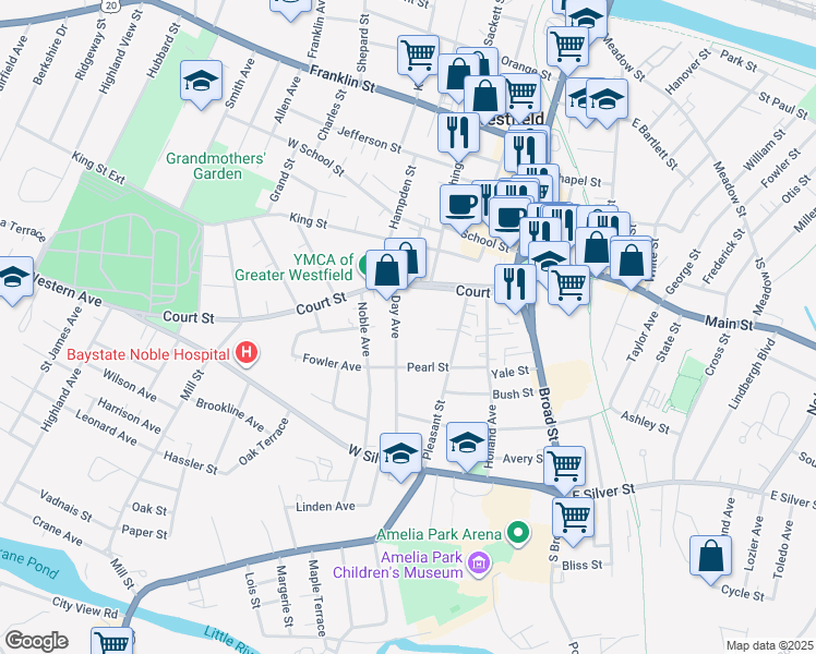 map of restaurants, bars, coffee shops, grocery stores, and more near 40 Court Street in Westfield