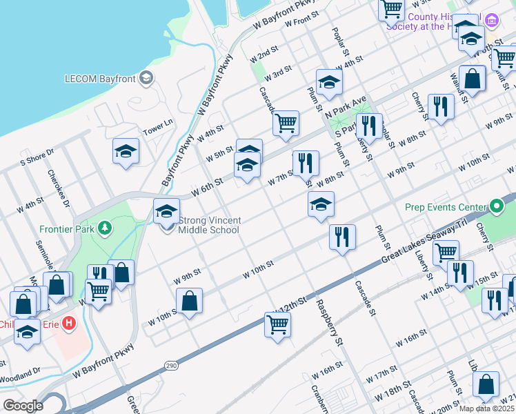 map of restaurants, bars, coffee shops, grocery stores, and more near 1115 West 8th Street in Erie