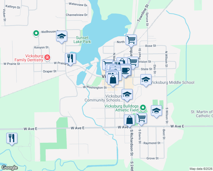 map of restaurants, bars, coffee shops, grocery stores, and more near 115 West Washington Street in Vicksburg