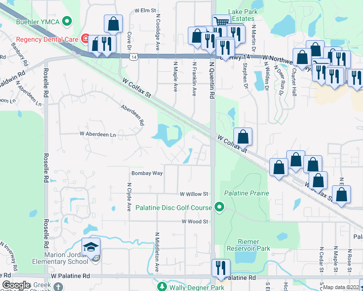 map of restaurants, bars, coffee shops, grocery stores, and more near 480 North Lake Shore Drive in Palatine