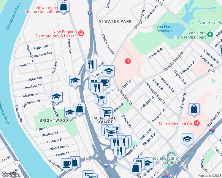 map of restaurants, bars, coffee shops, grocery stores, and more near 440 Waverly Street in Springfield