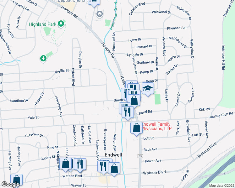 map of restaurants, bars, coffee shops, grocery stores, and more near 3569 Smith Drive in Endicott