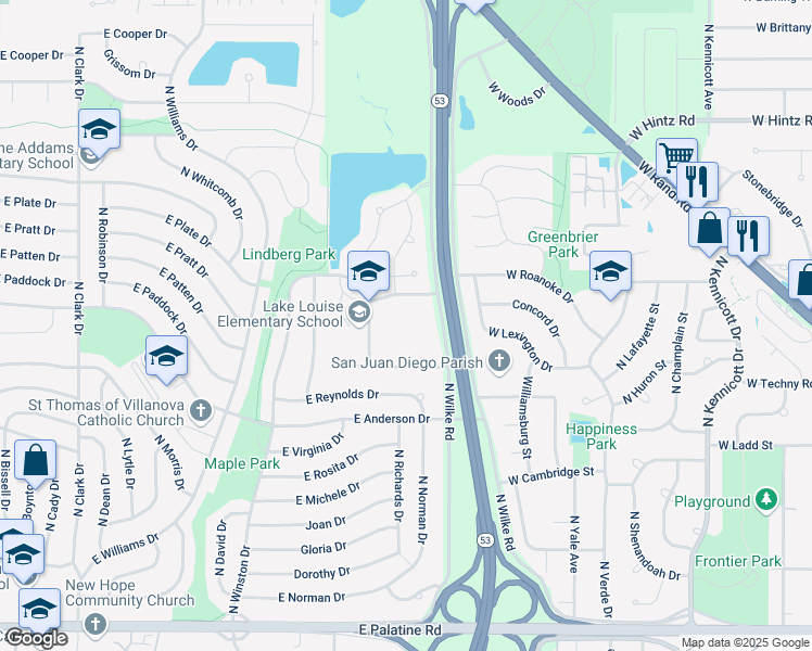 map of restaurants, bars, coffee shops, grocery stores, and more near 1515 Churchill Drive in Palatine