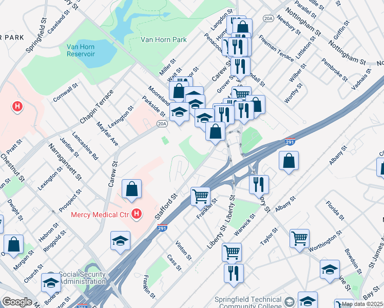 map of restaurants, bars, coffee shops, grocery stores, and more near 45 Wolcott Street in Springfield