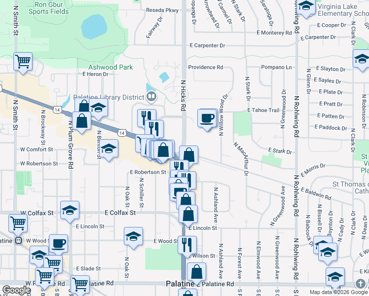 map of restaurants, bars, coffee shops, grocery stores, and more near 515 North Hicks Road in Palatine