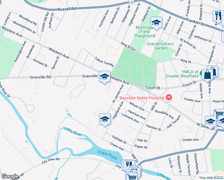 map of restaurants, bars, coffee shops, grocery stores, and more near 22 Hayre Street in Westfield