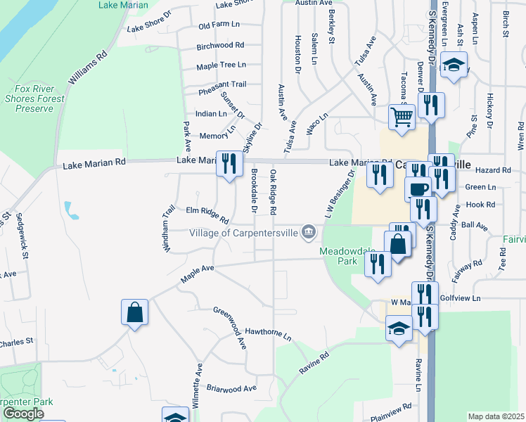 map of restaurants, bars, coffee shops, grocery stores, and more near 1272 Brookdale Drive in Carpentersville
