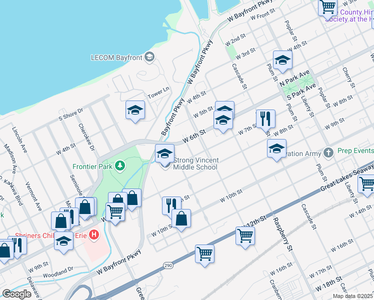 map of restaurants, bars, coffee shops, grocery stores, and more near 618 Japan Street in Erie