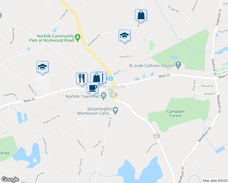 map of restaurants, bars, coffee shops, grocery stores, and more near 13 Union Street in Norfolk