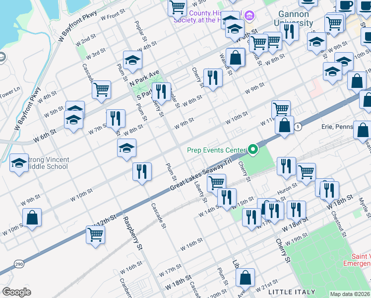 map of restaurants, bars, coffee shops, grocery stores, and more near in Erie
