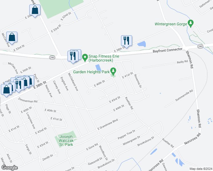 map of restaurants, bars, coffee shops, grocery stores, and more near 2524 East 41st Street in Erie