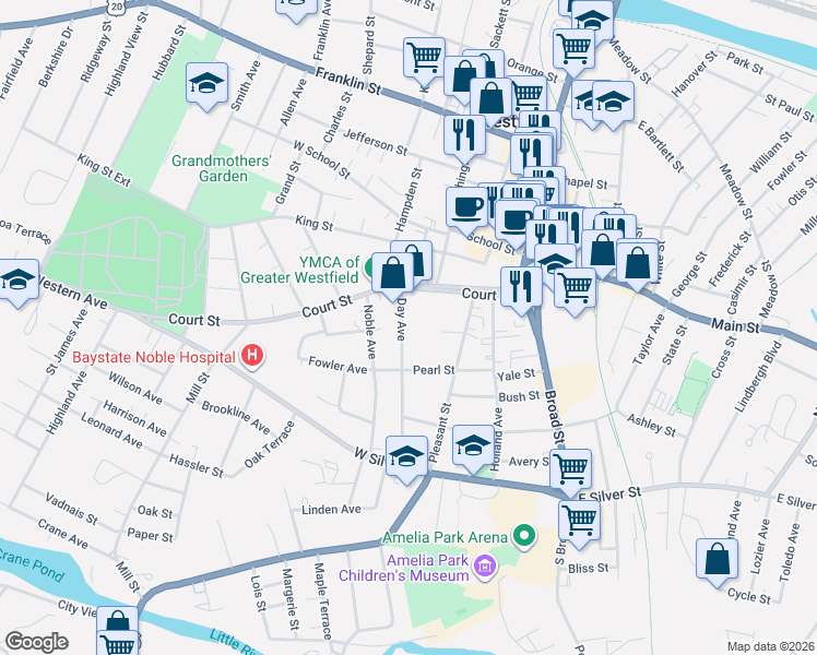 map of restaurants, bars, coffee shops, grocery stores, and more near 16 Day Avenue in Westfield