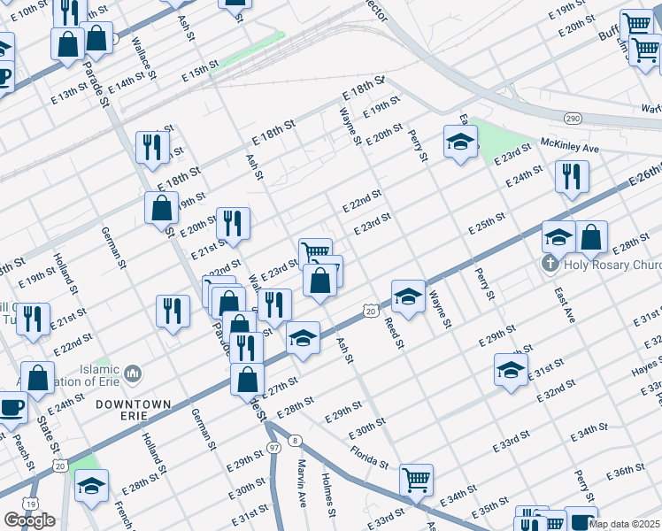 map of restaurants, bars, coffee shops, grocery stores, and more near 611 East 24th Street in Erie
