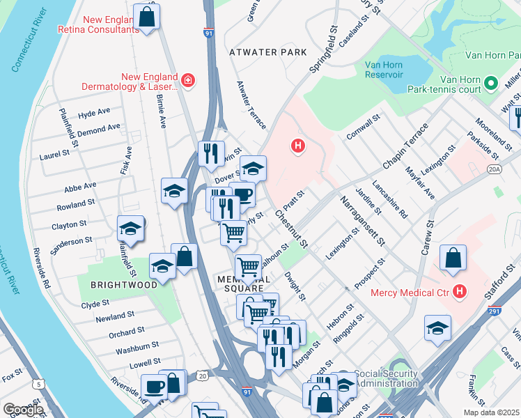 map of restaurants, bars, coffee shops, grocery stores, and more near 82 Alexander Street in Springfield