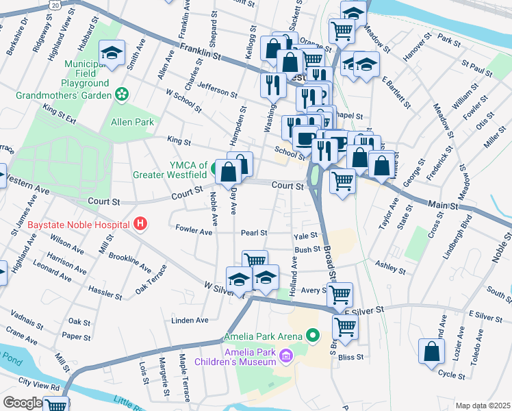 map of restaurants, bars, coffee shops, grocery stores, and more near 40 Court Street in Westfield