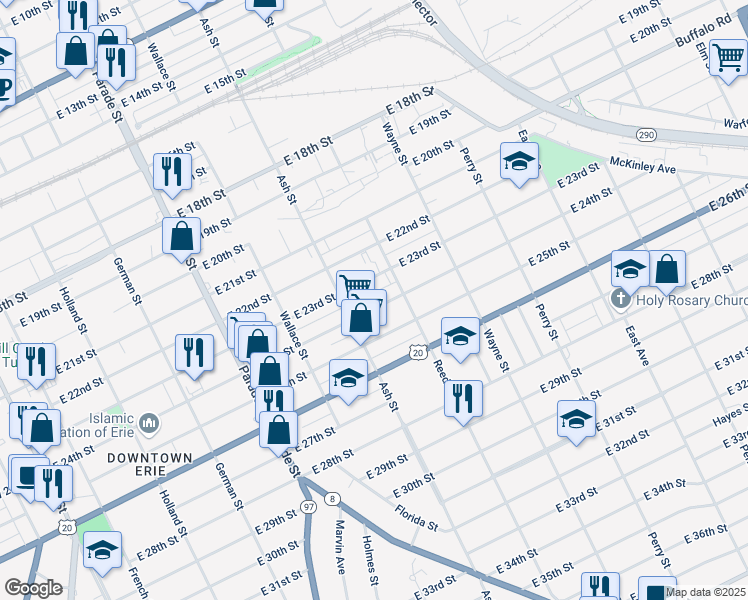map of restaurants, bars, coffee shops, grocery stores, and more near 611 East 24th Street in Erie