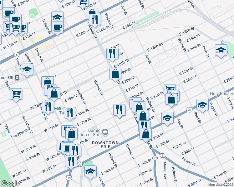 map of restaurants, bars, coffee shops, grocery stores, and more near 339 E 21st St in Erie